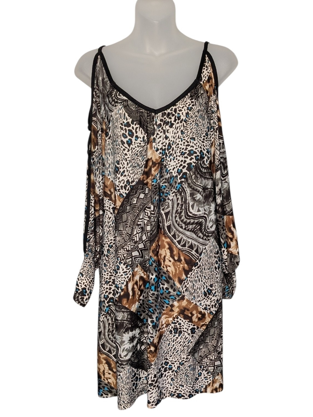 Urban Mango S Mixed Animal Print Cold Shoulder Dress Boho Tribal Patchwork